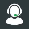 Flat vector graphic icon depicts customer support with a white silhouette wearing a headset and a green microphone on a dark grey background.