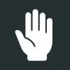 Flat white icon of a raised hand symbolizing responsible gaming, on a dark gray background