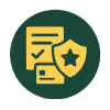 Icon featuring a licence document with a checkmark and a shield with a star, representing trusted licensing.