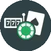 Casino games icon with slot machine reel, poker chip, and playing card."