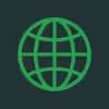 Flat digital icon of a green globe representing global reach and international accessibility of online casino.