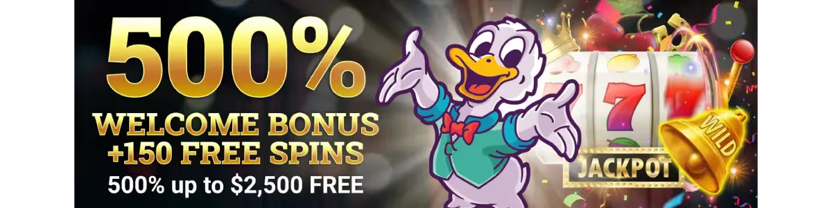 DuckyLuck casino review, an image of 500% welcome bonus and free spins