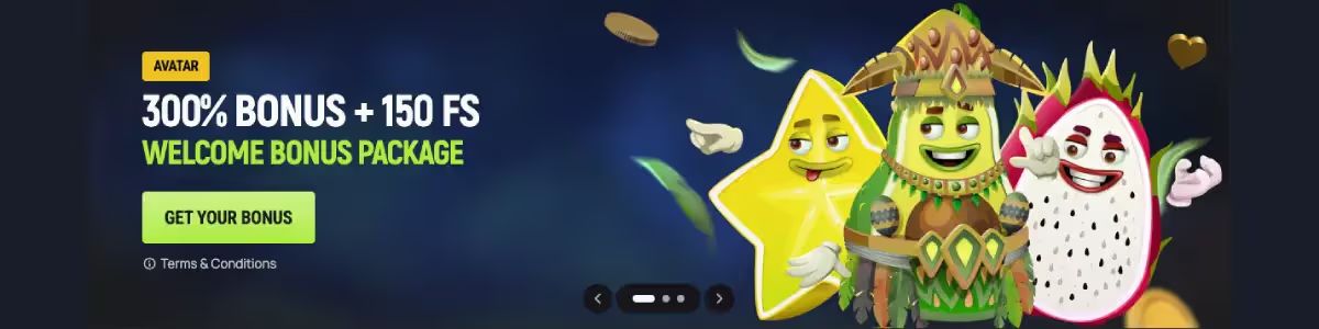 Avocasino Casino review, image of fruit avatars showing welcome bonus package