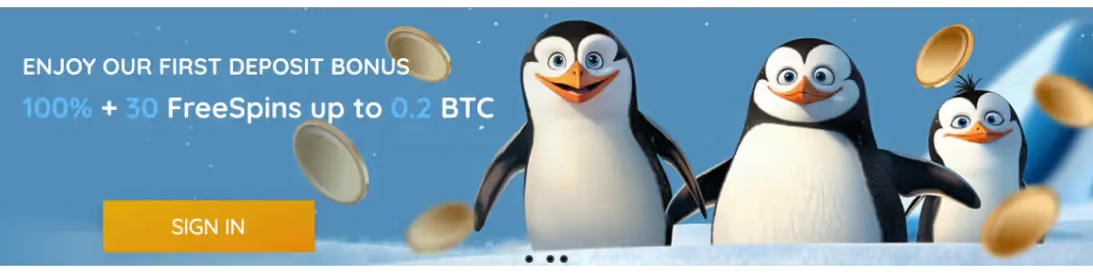 Bitcoin Penguin casino review, image of penguins showing deposit bonus and free spins