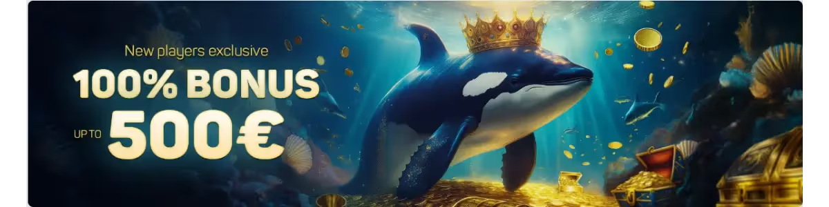 Casino Orca review, image of a crowned orca showing exclusive bonus for new players
