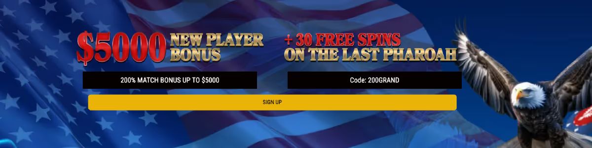 Grand Eagle casino review, image of eagle offering new player bonus and free spins
