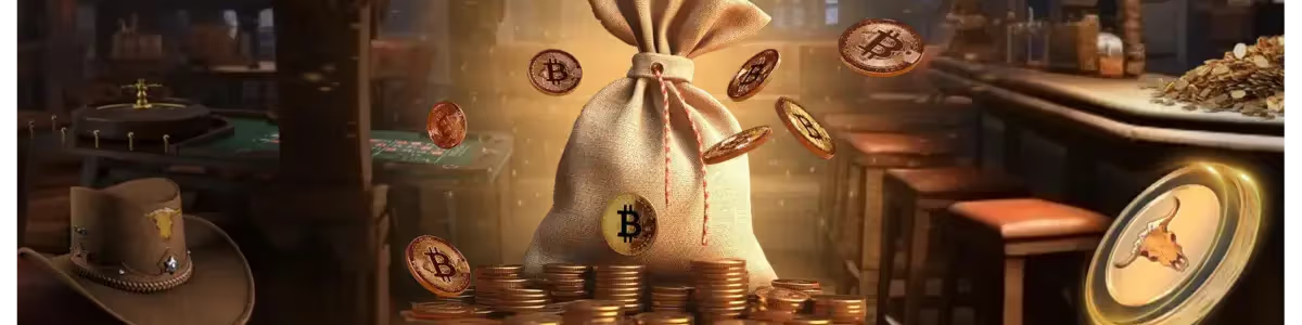 Lucky Creek Casino review, image of bag of gold bitcoin coins and casino background