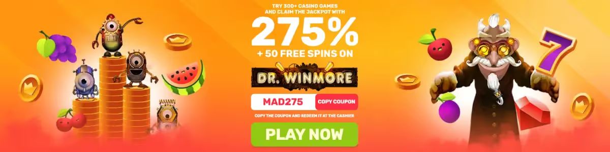 Slot Madness casino review, image offering free spins and coupon code