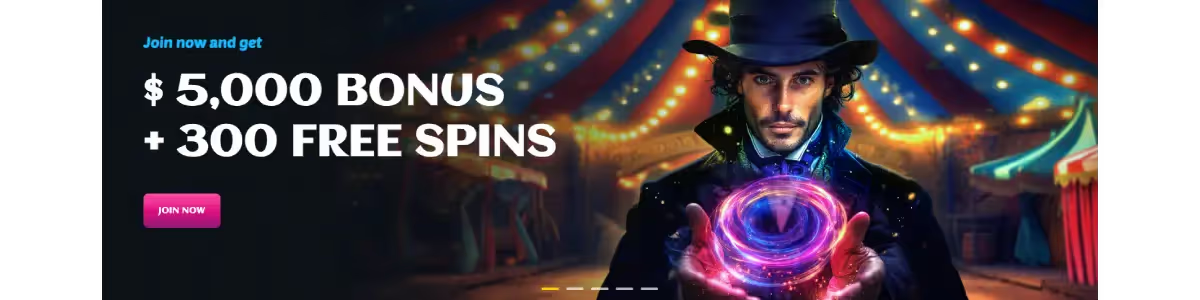 SpinsUp Casino Review, image of a magician showing welcome bonus and free spins