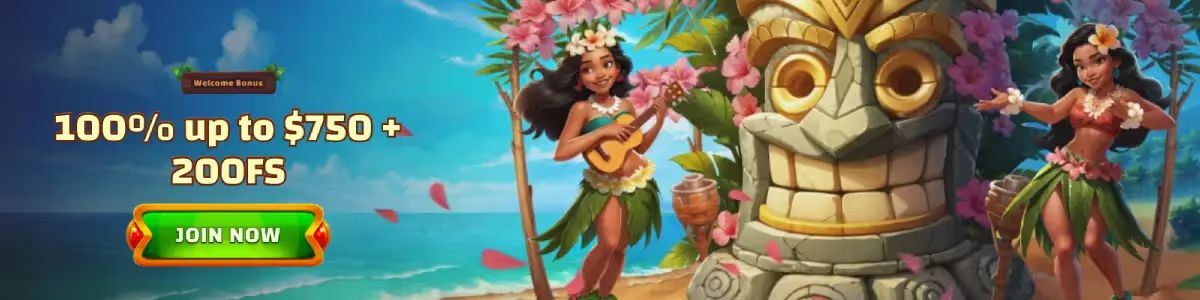 Tiki Casino review, image of a welcome bonus banner with tropical theme