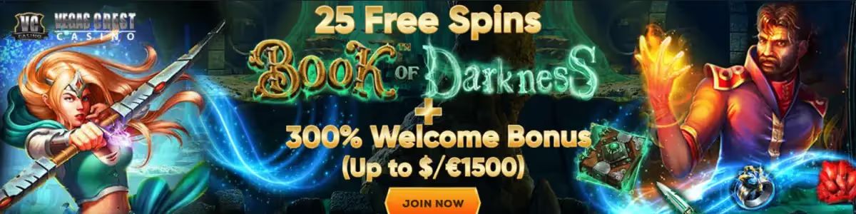 Vegas Crest Casino Review, casino logo, image showing free spins and welcome bonus