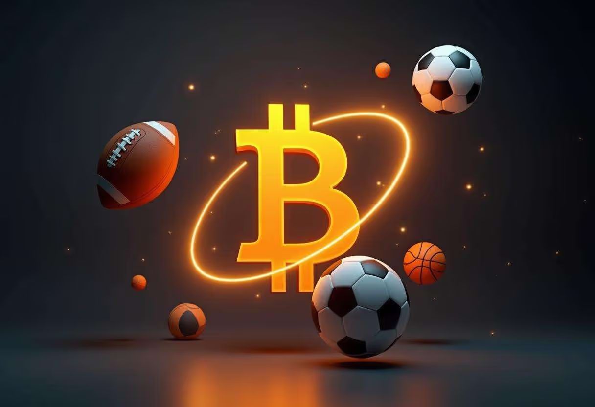 Glowing Bitcoin symbol surrounded by floating sports balls, representing cryptocurrency sports betting.