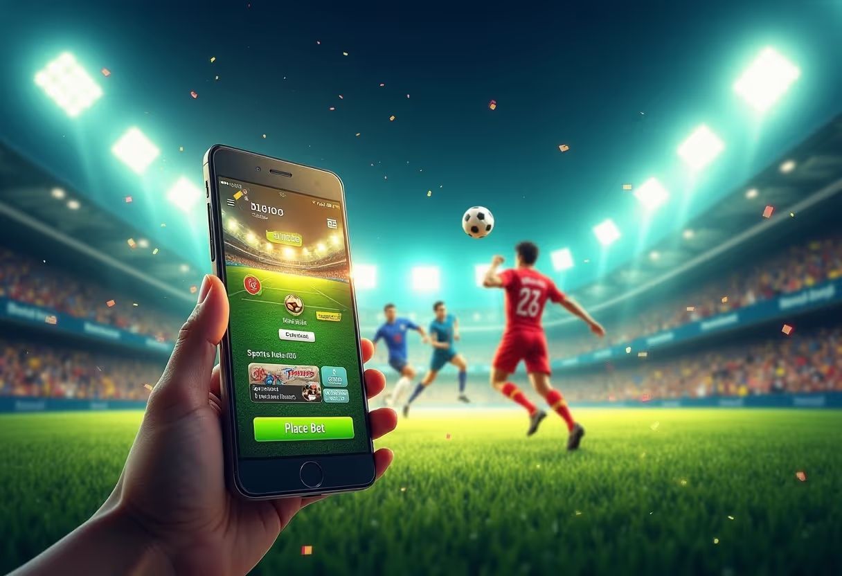 A smartphone displaying a sports betting app is held in the foreground, with a vibrant soccer match taking place in the background under bright stadium lights. The app screen shows betting options and a 'Place Bet' button, symbolizing online sports betting. Confetti floats in the air, adding to the excitement of the scene. Visual for a Beginner’s Guide to Sports Betting Online.