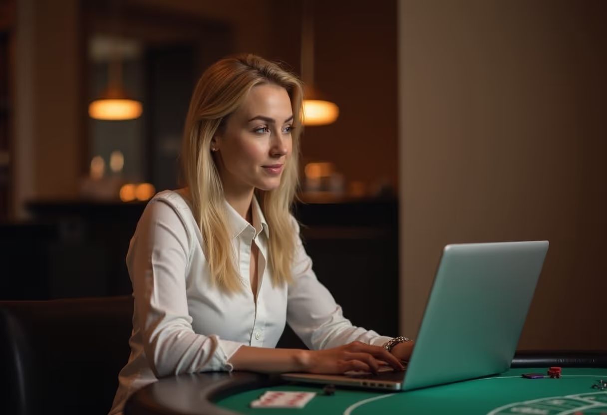 freepik smart blonde woman writing a casino review on a la 58530