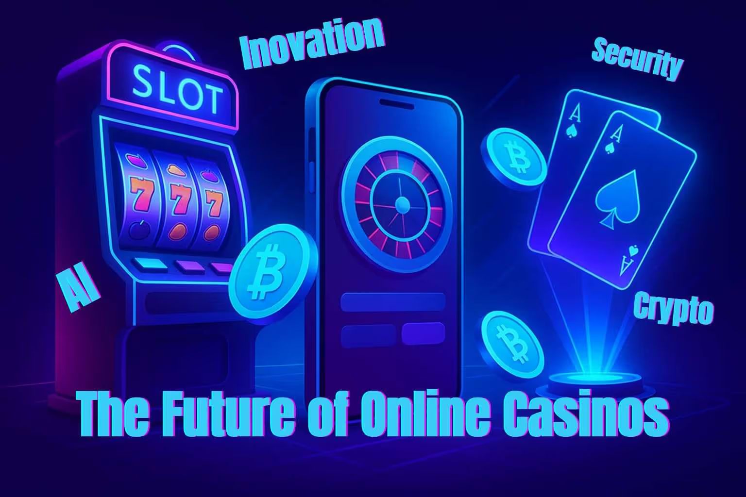 "Future of online casinos 2026 with holographic slot machines, crypto coins, and mobile play illustration"
