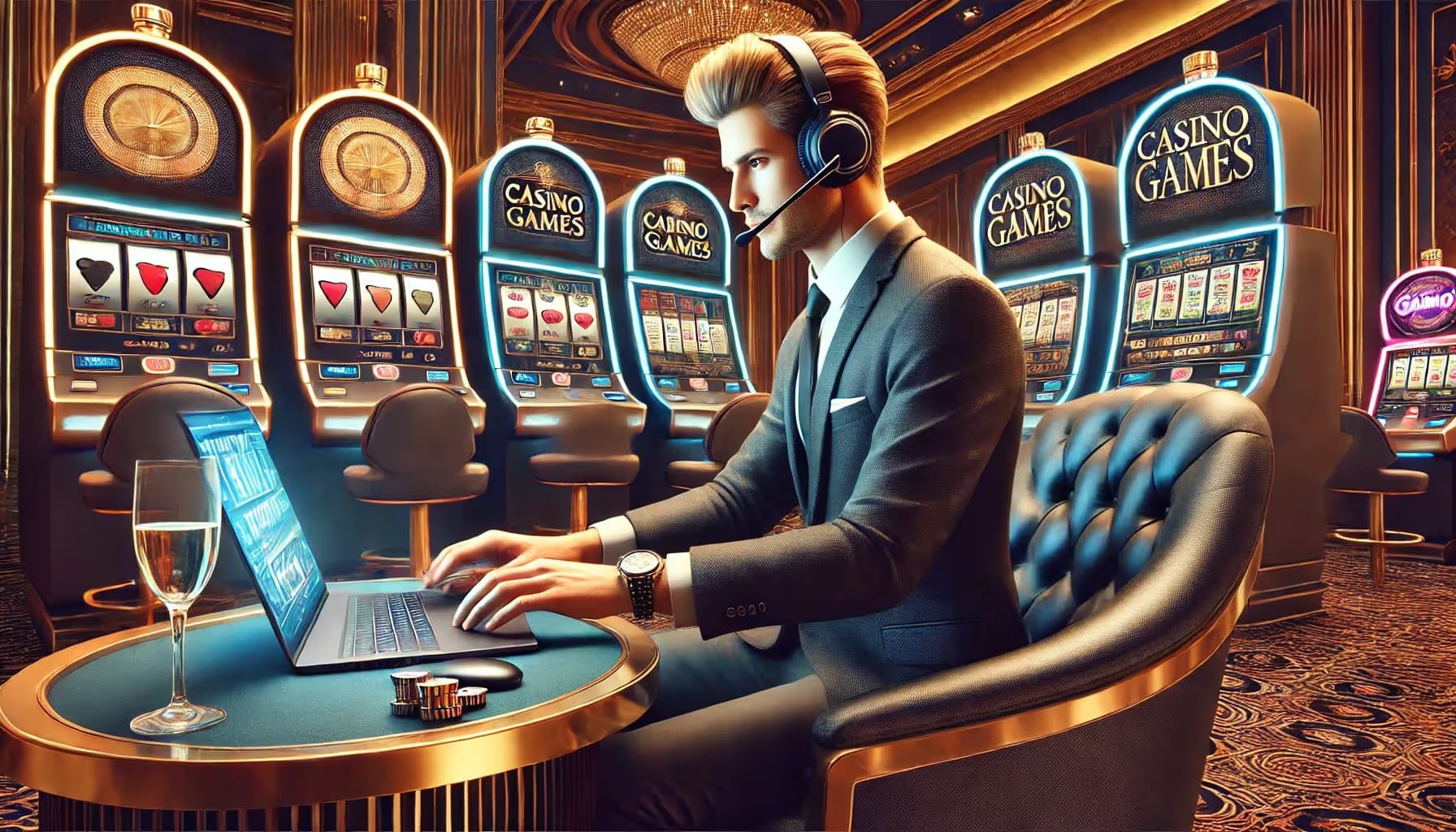Male casino game tester with laptop, headset, and slot machines.