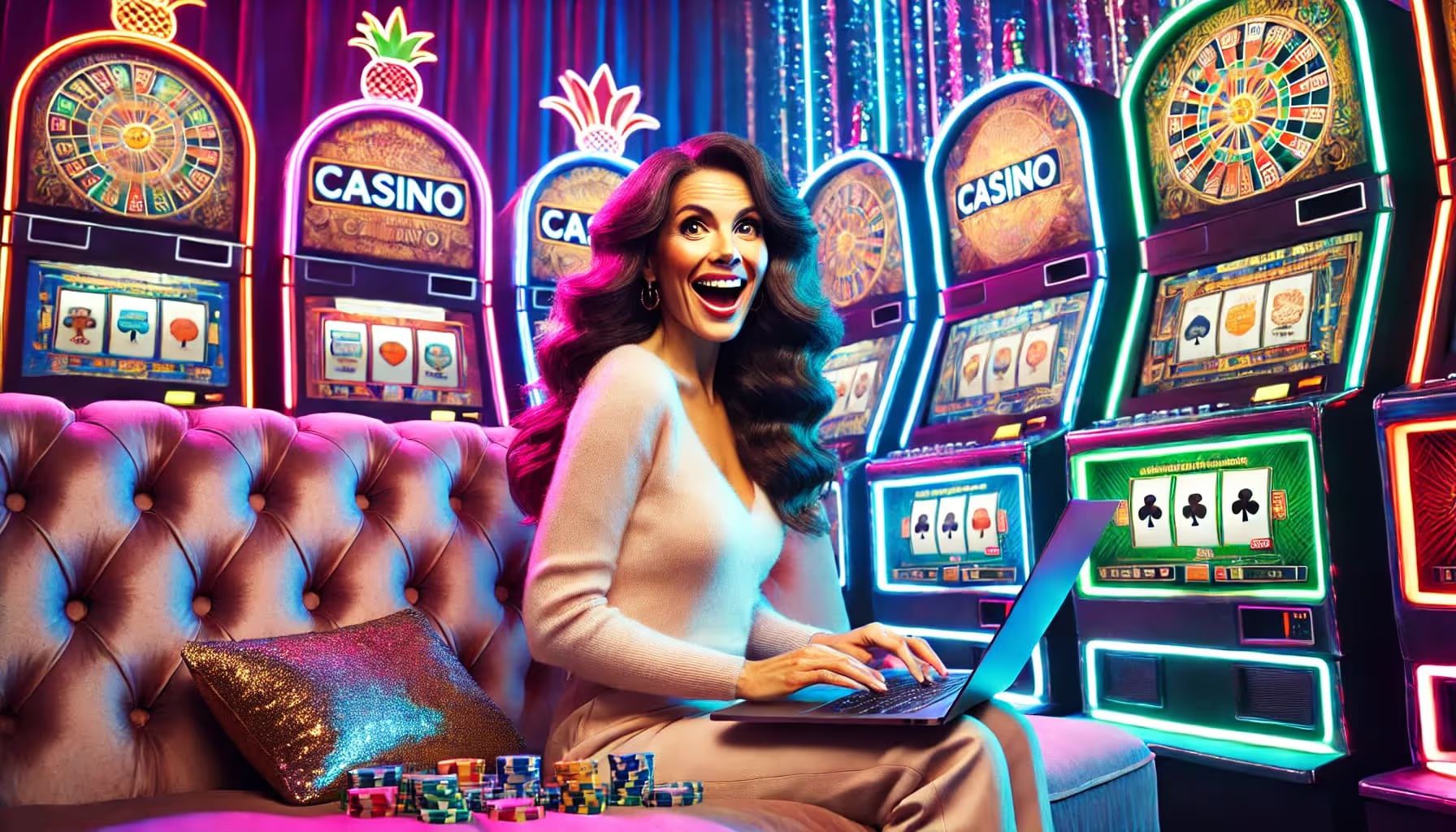 Excited woman with laptop and poker chips in a neon-lit casino