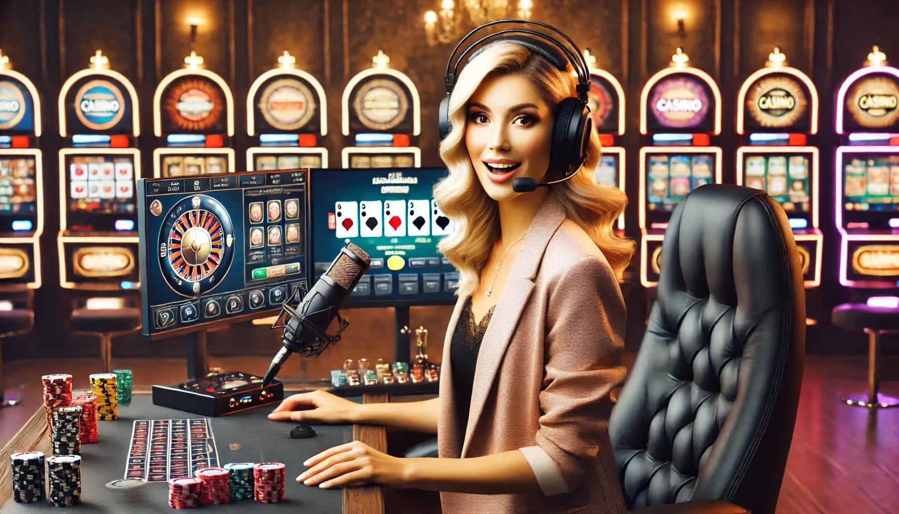 Female YouTuber in casino with poker chips and slot machines