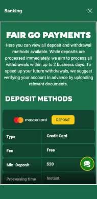 Fair Go Casino banking page listing deposit methods, withdrawal options, and processing times"