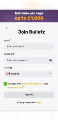 Bulletz Casino signup screenshot