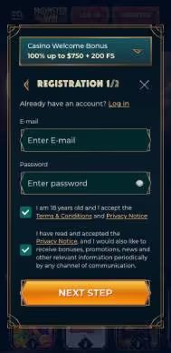 MonsterWin Casino registration screenshot