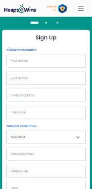 Heaps O Wins Casino sign up screenshot