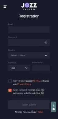 Jozz Casino registration screenshot