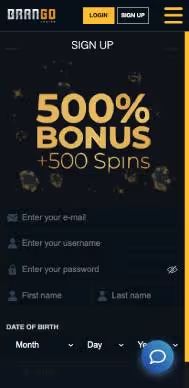 Brango Casino registration screenshot