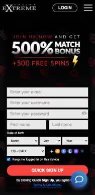Casino Extreme quick registration screenshot