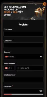 Casino Intense registration screenshot