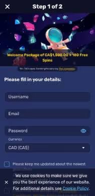 GalacticWins Casino registration screenshot