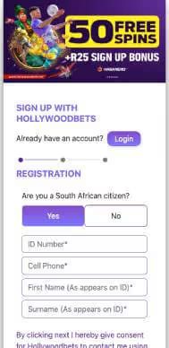Hollywoodbets registration screenshot