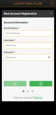 Lucky Owl Club casino registration screenshot