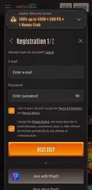 Neon54 Casino registration screenshot