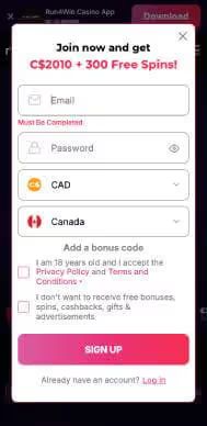 Run4Win Casino sign up screenshot