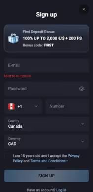 Slot Lounge Casino signup screenshot
