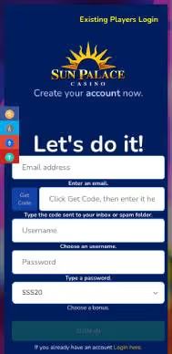 Sun Palace Casino mobile registration screenshot