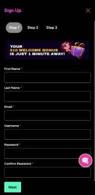 Uptown Aces Casino registration screenshot