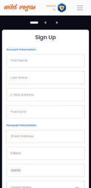 Wild Vegas Casino registration screenshot