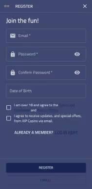XIP Casino screenshot registration