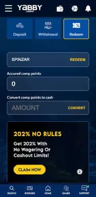 Yabby Casino bonus code redeem screenshot