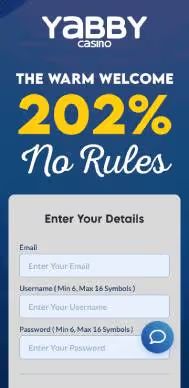 Yabby Casino registration screenshot
