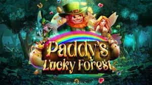 "Paddy's Lucky Forest" slot game title screen with leprechauns and a fairy