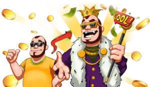 Two cartoon men with money and a crown