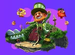 Happy cartoon leprechaun with gold and birds on a floating island