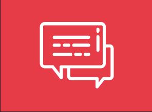 White outline of two overlapping speech bubbles on a red background