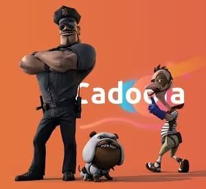 Cadoola Casino cartoon advertisement with a police officer, bulldog, and robber