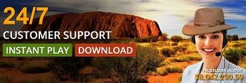 24/7 customer support banner with a smiling agent and Australian outback imagery