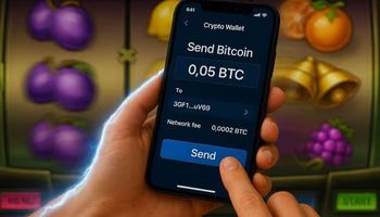 A photorealistic image showing a smartphone with a crypto wallet app transferring BTC, illustrating how do crypto casinos work with digital payments.