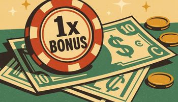 Mid-century modern illustration of a vintage-style casino bonus chip and cash, symbolizing low wagering casino offers.